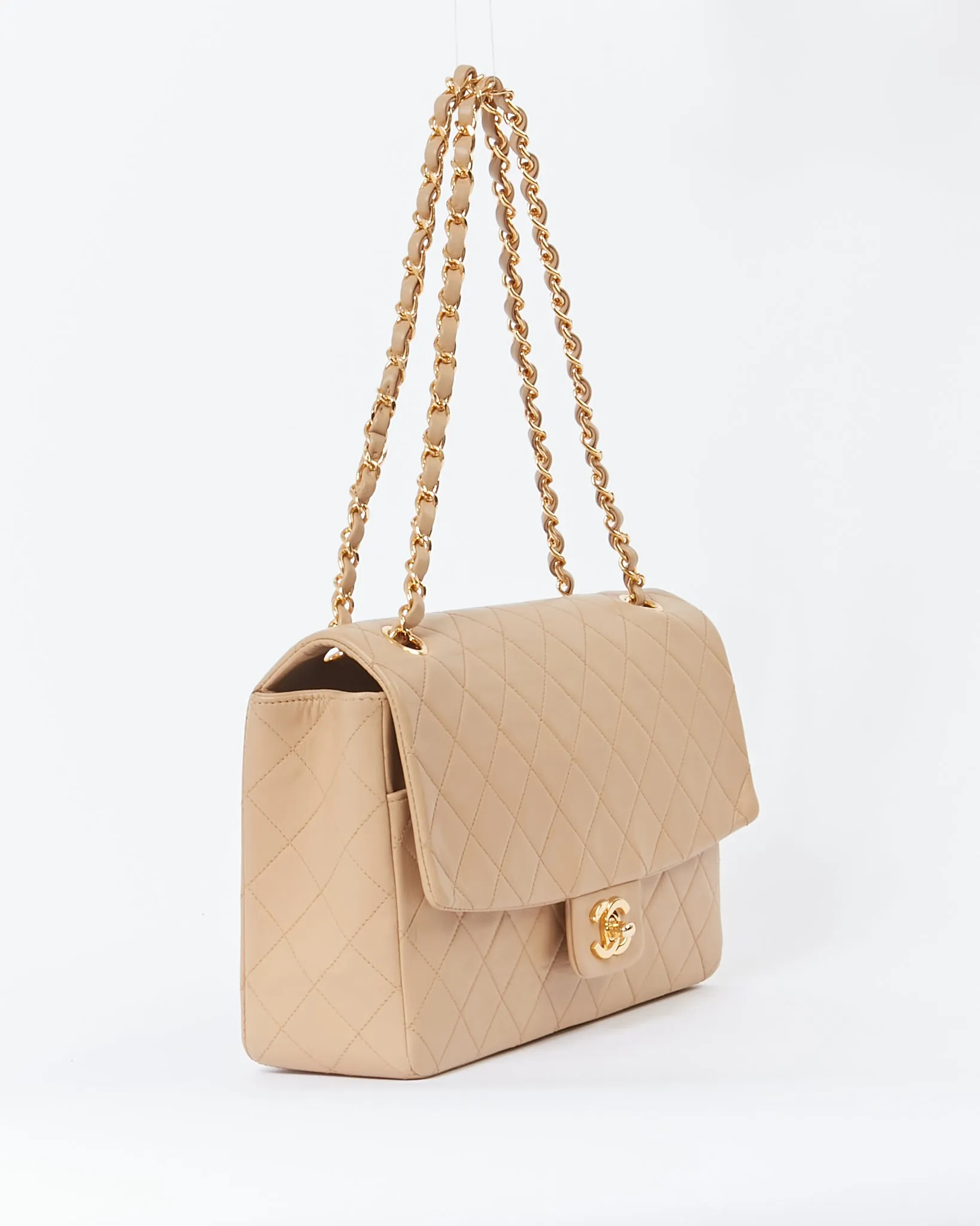 Chanel Vintage Beige Lambskin Medium Single Flap Shoulder Bag GHW