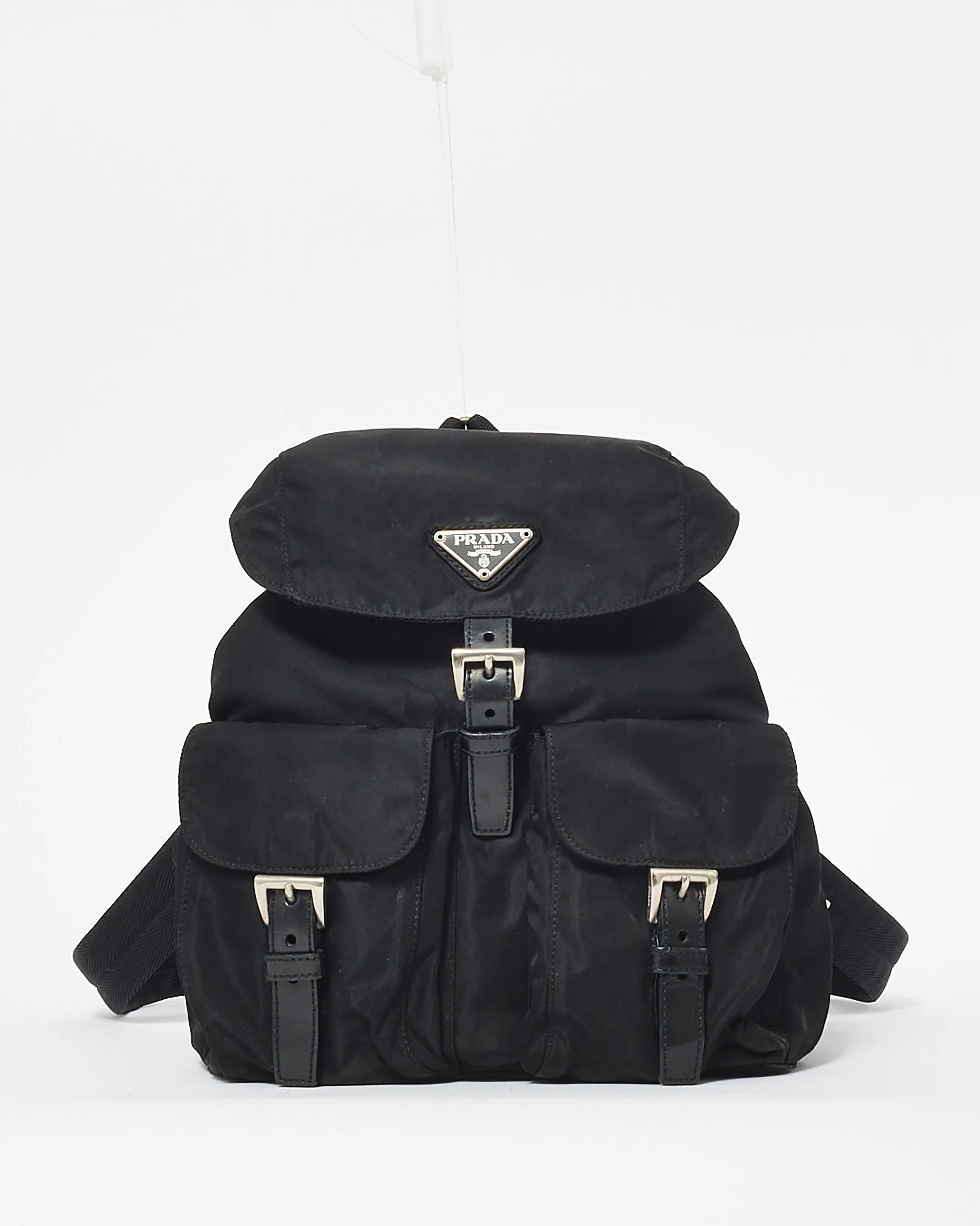Prada Black Tessuto Nylon Double Pocket Buckle Small Backpack